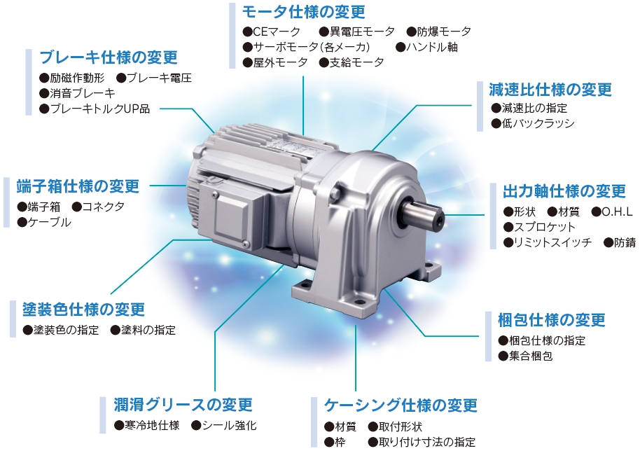 브레이크 사양 변경 모터 사양 변경 감속비 사양 변경 출력축 사양 변경 포장 사양 변경 케이싱 사양 변경 윤활 그리스 변경 도장 색 사양 변경 단자함 사양 변경